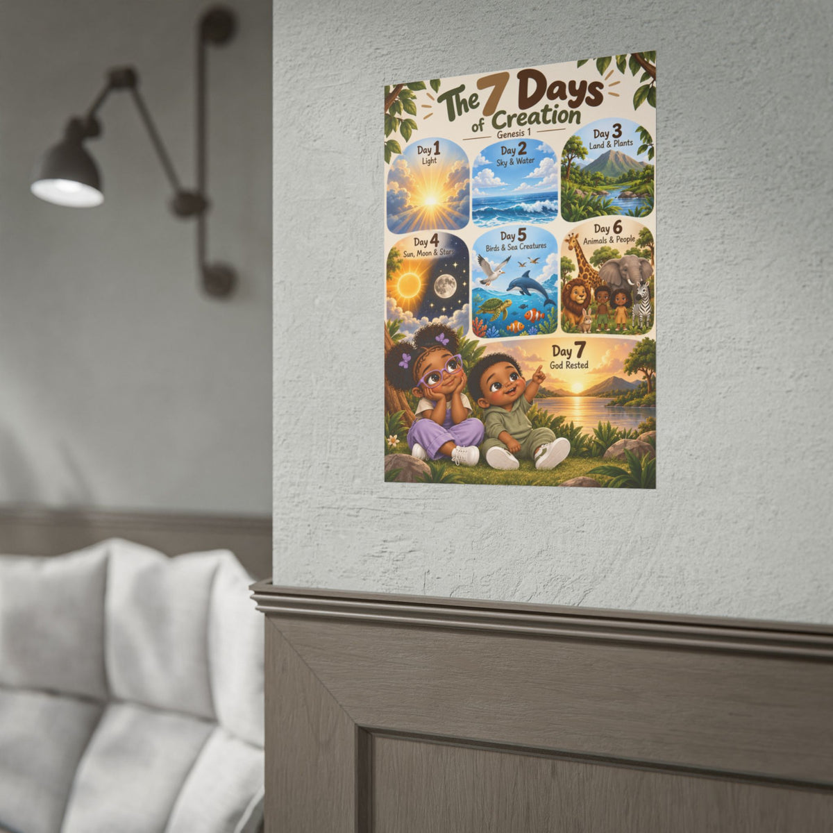 7 Days of Creation Christian Kids Poster | Genesis 1 Bible Wall Art