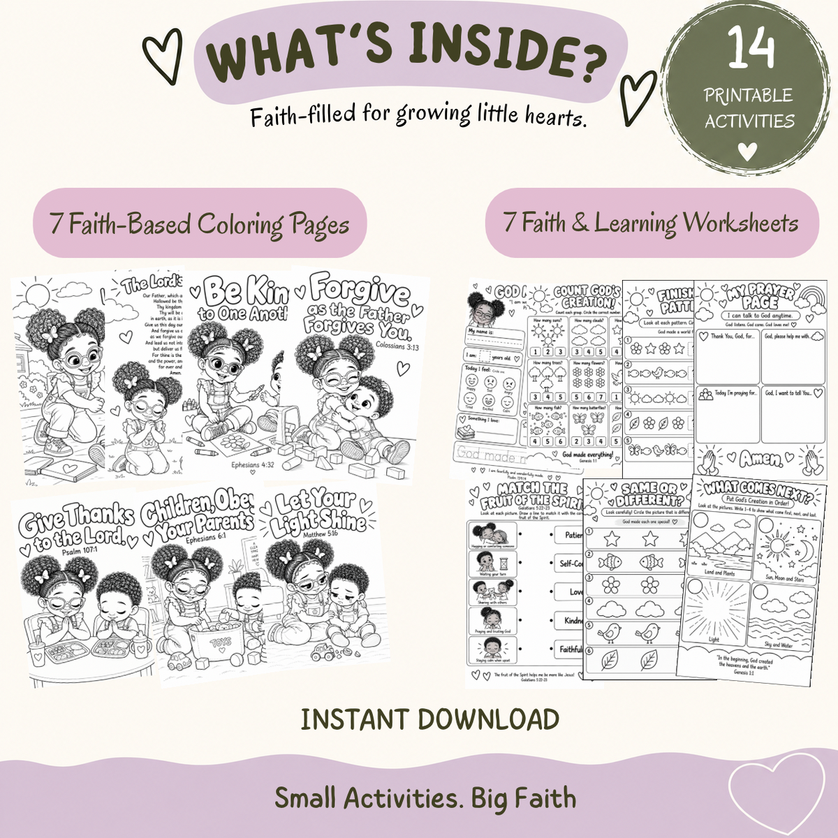 Faithful Little Hearts: Faith & Learning Activity Pack | 14 Printable Kids Activities