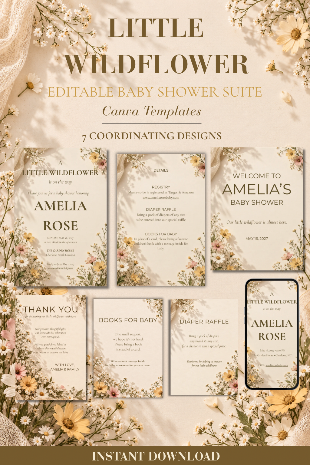 Little Wildflower Editable Baby Shower Invitation Suite | Canva Templates